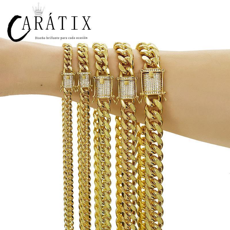 CARÁTIX 6–14mm Gold Stainless Steel Cuban Miami Chain Necklace – Heavy CZ Iced Out Hip Hop Rock Jewelry for Men - CaratixJewelry
